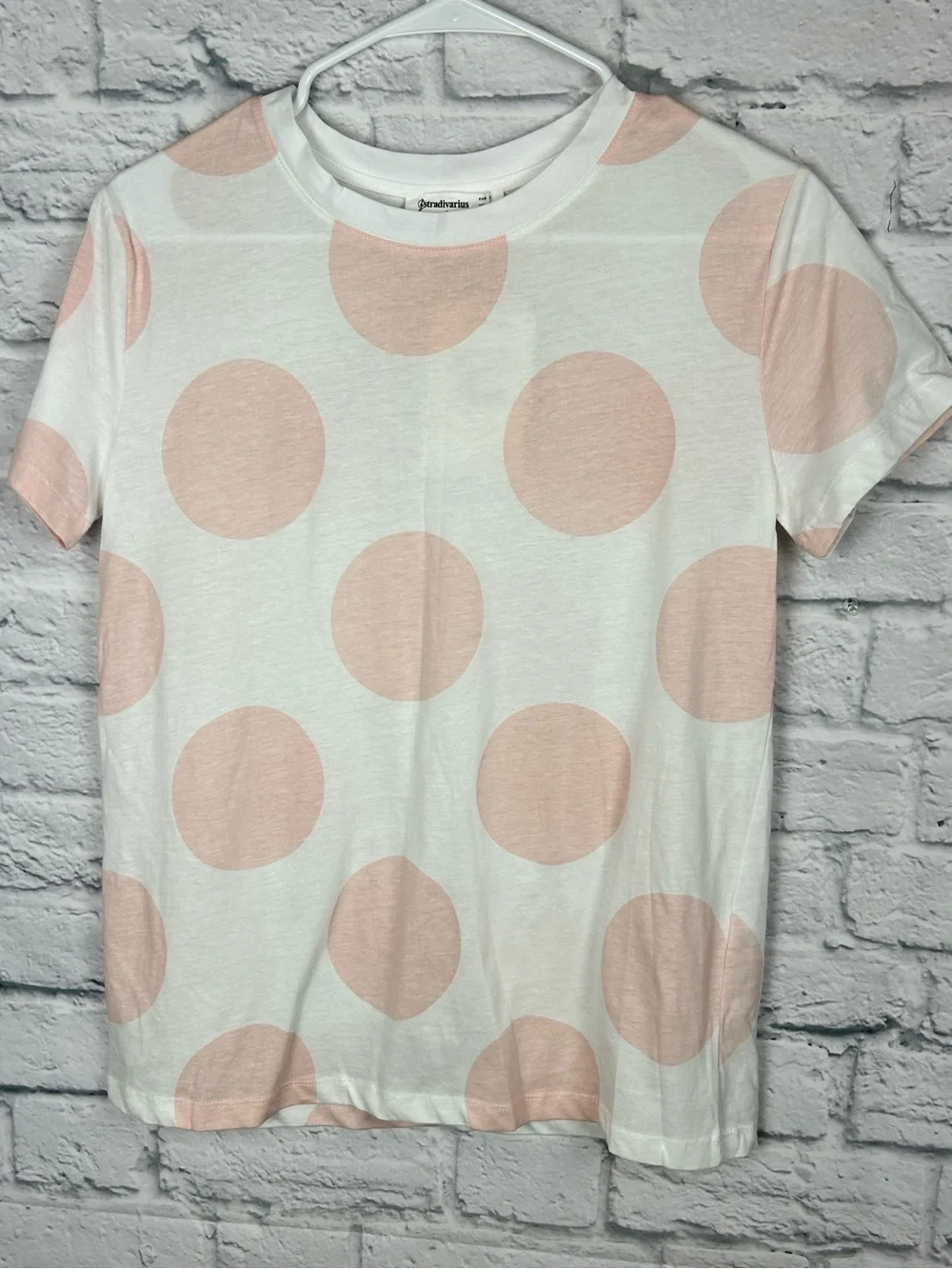 Stradivarius Organic Cotton Polka Dot Tee White Blush Pink Short Sleeve NWT S
